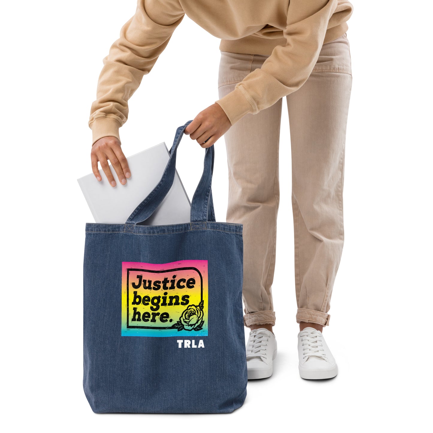 "Justice begins here" denim tote bag